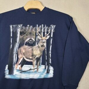 Vintage 90s TSI Whitetail Deer Graphic Sweatshirt Mens 2XL USA Made Navy Blue